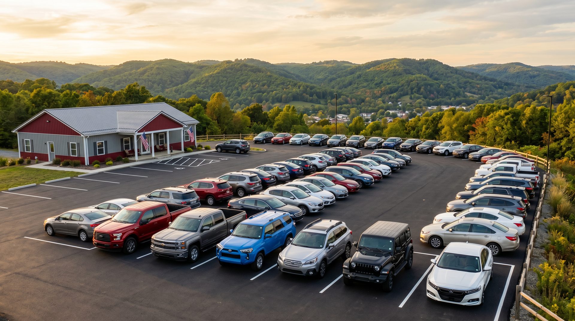 Rows of clean pre-owned trucks and SUVs on the Hilltop Auto Mart lot in Clarksburg, West Virginia