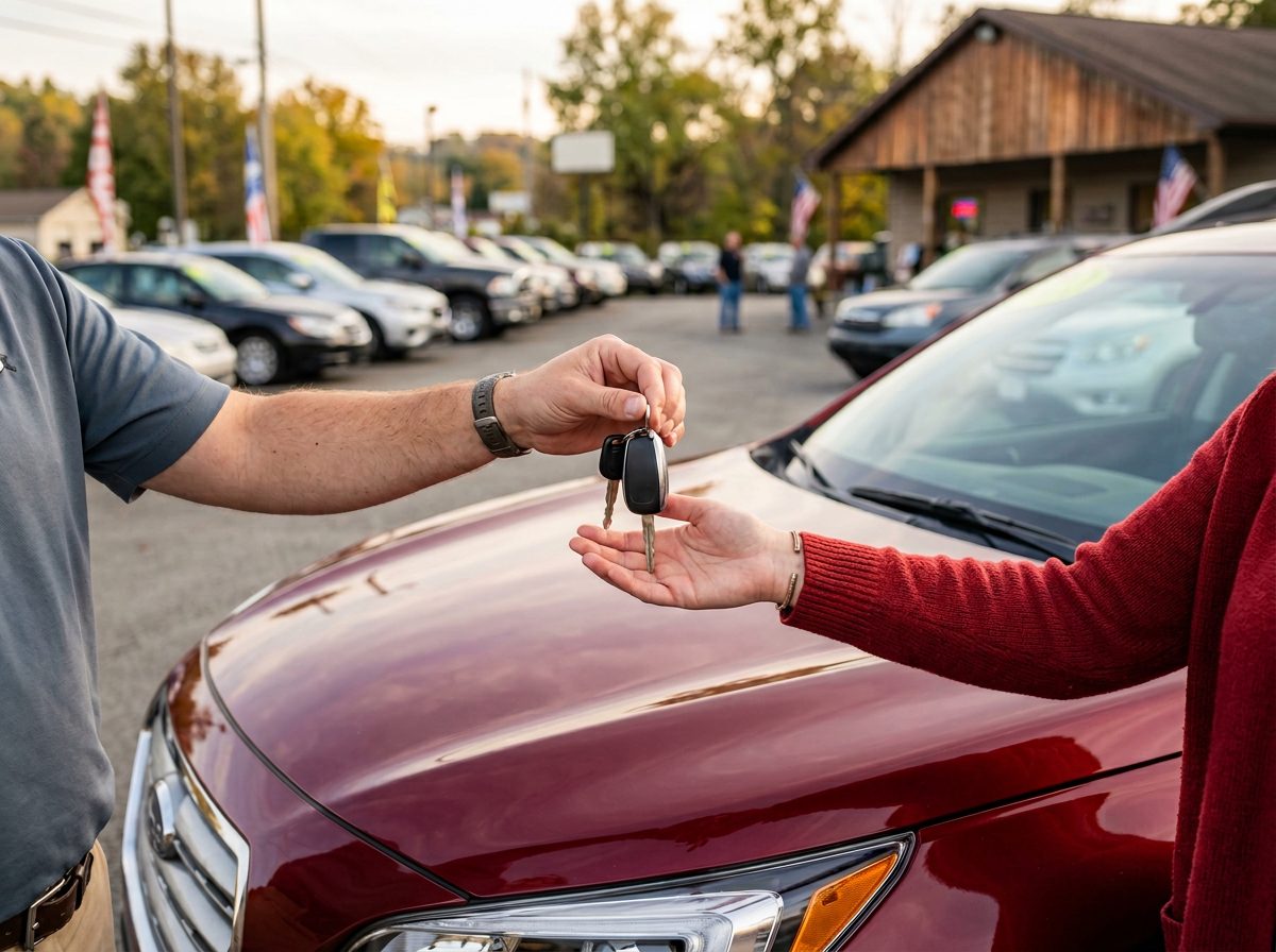 Keys being handed over the hood of a freshly detailed pre-owned SUV at Hilltop Auto Mart