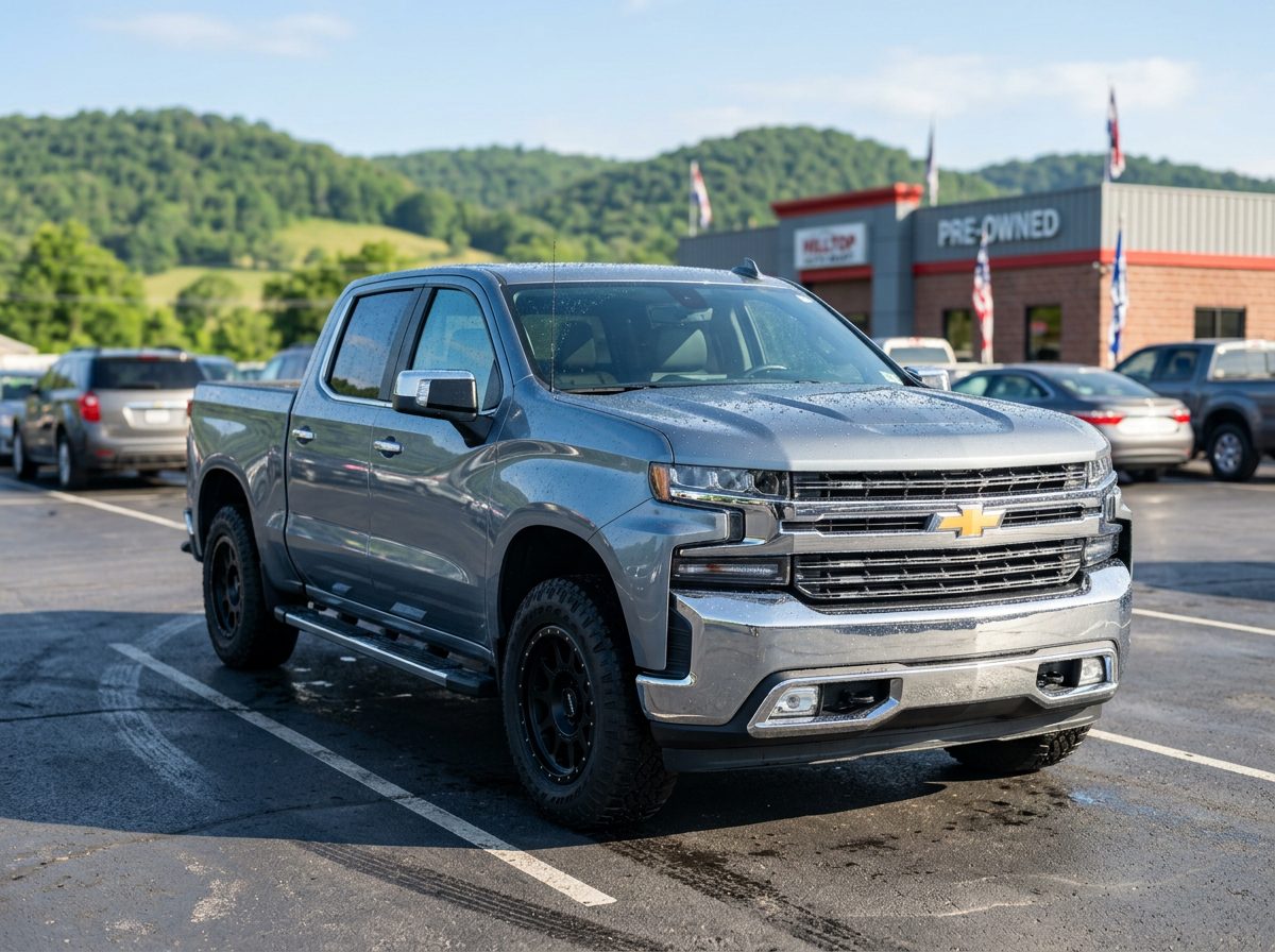 Freshly washed pre-owned pickup truck on the Hilltop Auto Mart lot with Appalachian hills behind